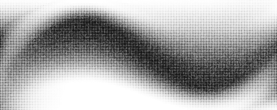 Black comic halftone curved wave background. Dotted grit sand flow pattern wallpaper. Grunge pop art gradient swoosh element overlay. Rasterized pixelated halfton grain backdrop. Vector wavy noise bg