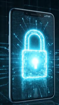 Digital Lock Mobile Phone Cybersecurity - A smartphone displays a futuristic digital padlock icon made of circuit board lines and binary code, representing data protection and network security.