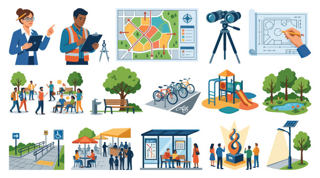 Flat Vector Illustration of Urban Planning, Public Infrastructure, and Community Design Elements