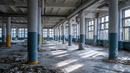 Obraz premium Spacious Abandoned Industrial Warehouse Interior with Tall Columns and Large Windows