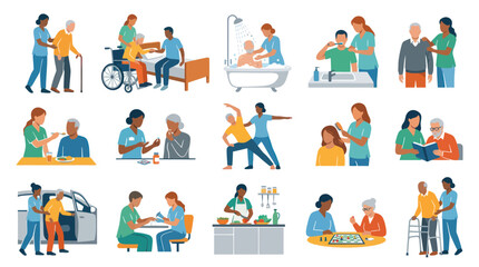 Fototapeta premium Flat Style Illustrations of Senior Care and Home Health Assistance