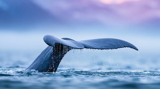 Majestic Blue Whale Tail Surfaces From Ocean Water Under Dramatic Twilight Sky