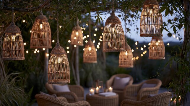 Cozy outdoor patio with hanging rattan lanterns and string lights creating a warm, inviting evening ambiance