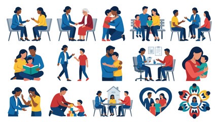 Fototapeta premium Diverse Family and Therapy Scenes, Flat Vector Illustration