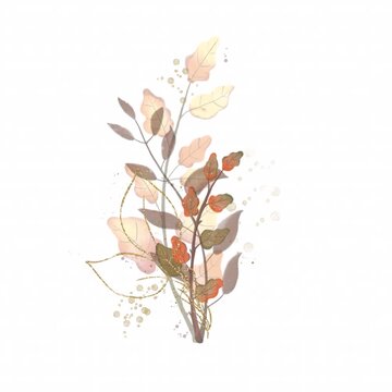 Watercolor autumn foliage wreath with golden sparkle branches, suitable for fall wedding invitations, greeting cards, and seasonal branding materials.