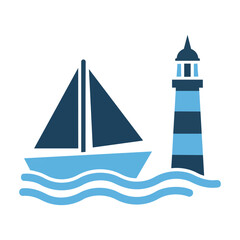 Naklejka premium Minimalist sailboat gliding past a maritime beacon with stylized waves in a flat blue color palette nautical travel concept