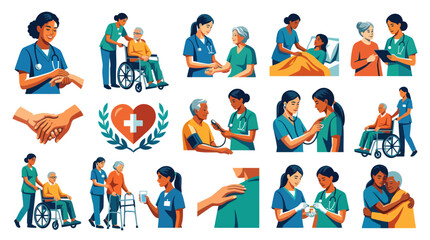 Fototapeta premium Medical Care Illustrations: Nurses, Patients, and Healthcare Icons in Flat Design