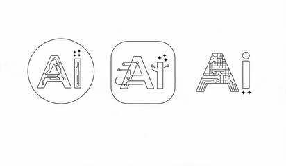 Obraz premium A set of three line-art AI icons with circuit patterns, featuring circular, square, and linear shapes on a plain white background.