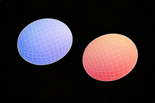 Two gradient-colored 3D ellipsoids with grid wireframe, displayed on a solid black background as abstract geometric elements.