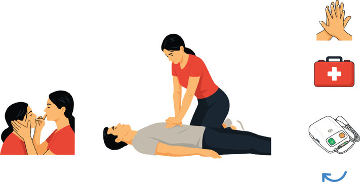 First Aid CPR Infographic Vector Set Featuring Cardiopulmonary Resuscitation Chest Compressions Rescue Breathing AED Defibrillator And Medical Kit Icons