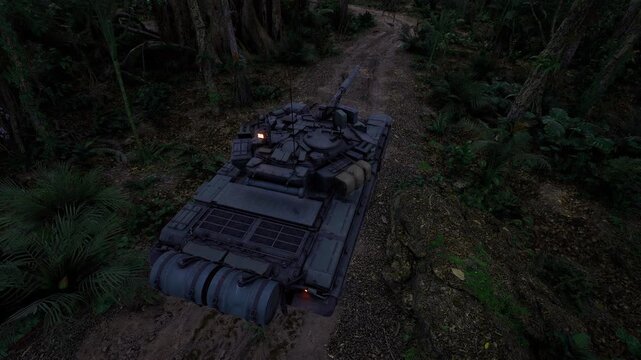 Rear profile with stowed gear and drums, fuel barrels mounted externally, tow cables and storage boxes visible, exhaust stains and worn paint, narrow trail