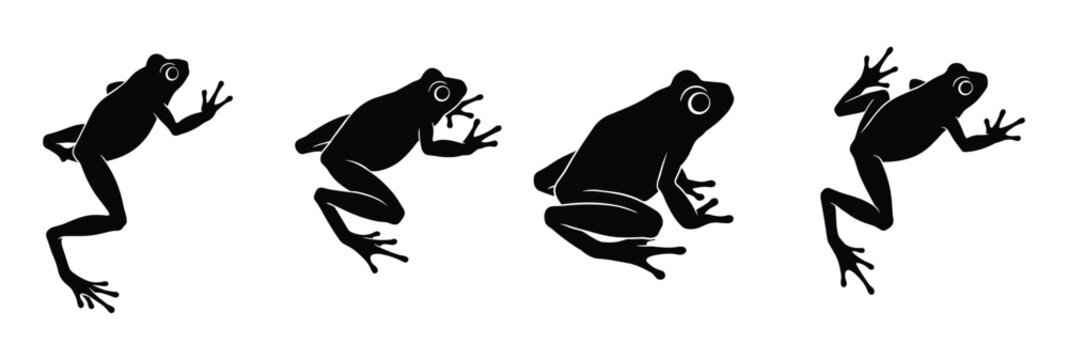Four black silhouette frogs in different poses on white background  jumping frogs with stretched legs and arms