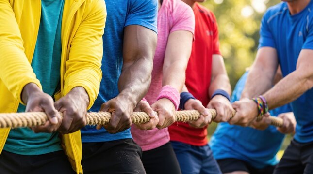 Close-up of diverse people hands pulling a thick rope together during a fierce tug of war competition.