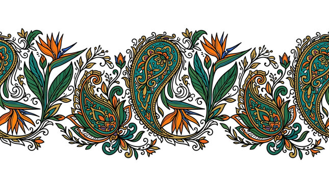 Ethnic seamless paisley border featuring tropical bird of paradise flowers hand drawn style