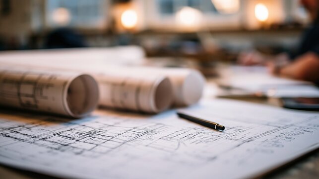 Architectural blueprints and rolled plans on a table with a pencil, suggesting design and construction planning