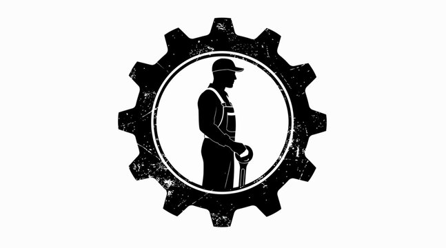 Silhouette industrial worker within gear emblem, construction labor illustration