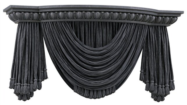 Elaborate dark gray drapery hangs from a carved cornice adorned with decorative molding.
