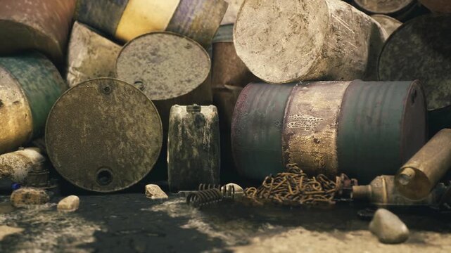 Sunlit striped barrel ends on sand, colorful bands of paint flaking under salt, rope tangles and scattered seaweed, nostalgic seaside ruin vibe