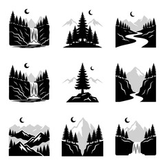 Obraz premium Black and white mountain forest landscape.