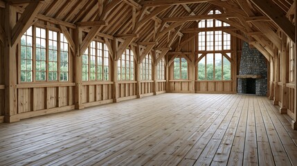 Obraz premium Spacious Natural Wood Timber Frame Hall with Large Windows and Stone Fireplace