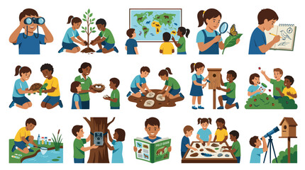 Fototapeta premium Kids Outdoor Education and Environmental Science Learning Flat Vector Illustration Set