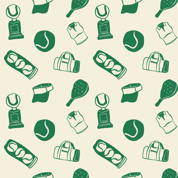 Padel sports equipment elements vector illustration seamless pattern isolated on cream background. Graphic asset for activewear fabric and wallpaper.