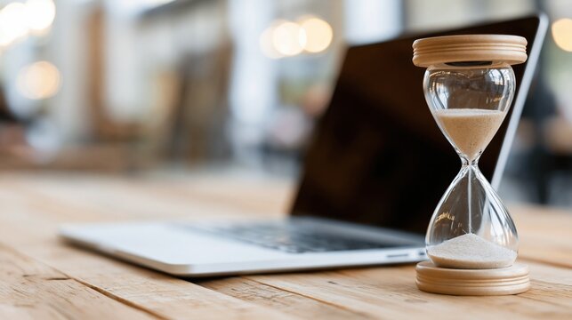 Time Management Concept: Hourglass and Laptop on Wooden Desk, Symbolizing Business Productivity and Deadlines