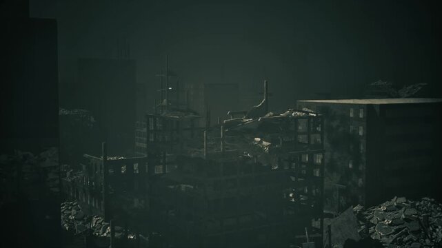 Dilapidated concrete skeleton framed by scattered rubble, exposed rebar and empty window voids, muted teal light, distant cranes, atmosphere of structural risk