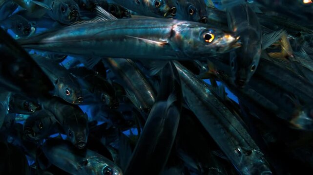 Large mackerel school forming patterns underwater