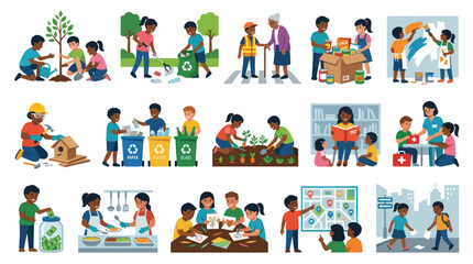 Fototapeta premium Flat Design Community Service Illustrations: Kids Volunteers Helping, Learning Environmental Protection