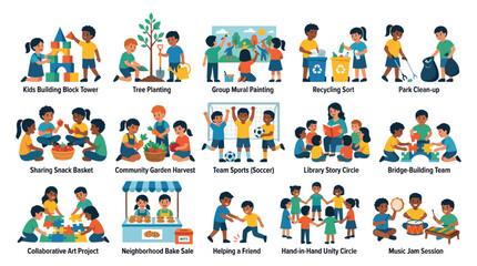 Fototapeta premium Flat Vector Illustration of Diverse Kids Group Activities, Social Learning, Play, and Community Engagement