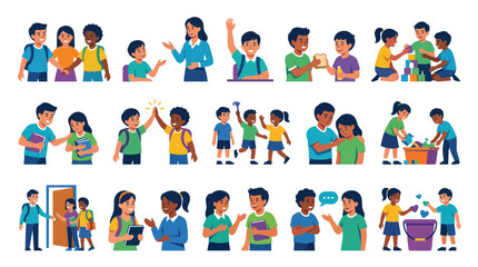 Fototapeta premium Flat vector illustrations of diverse students learning, playing, and interacting at school
