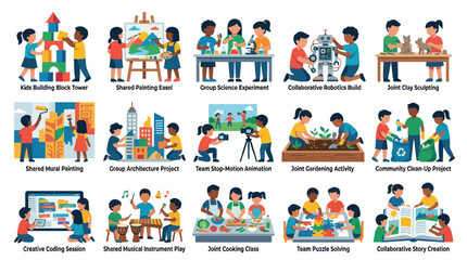 Fototapeta premium Flat Vector Illustrations: Children's Education Collaborative Activities for Teamwork and Learning through Play