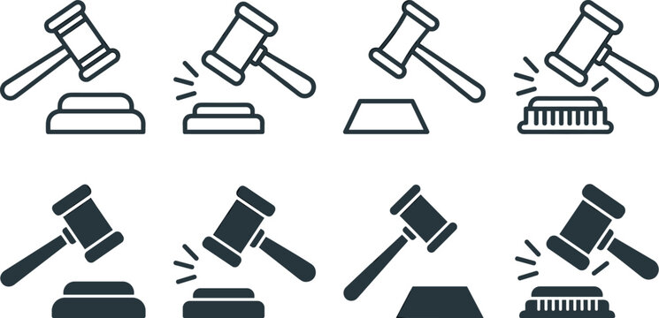 Judge gavel and auction hammer vector icon set for legal justice system and bidding process