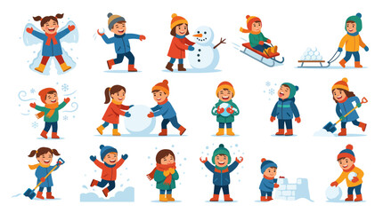 Fototapeta premium Children Playing in Snow, Winter Activities, Flat Vector Illustrations