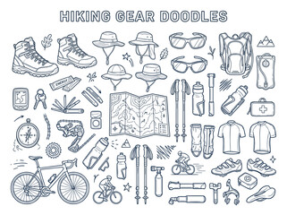Obraz premium A collection of charming hiking gear doodles showing backpacks tents boots compasses and various outdoor equipment illustrations