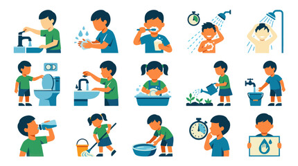 Fototapeta premium Kids' Daily Hygiene, Water Conservation Routine Chores Flat Vector Illustration Set
