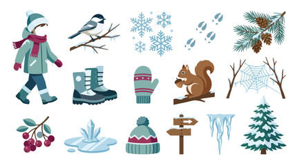 Fototapeta premium Flat Vector Winter Seasonal Elements Collection: Nature, Animals, Apparel, and Outdoor Icons Set