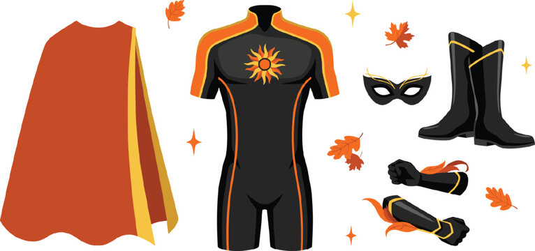 Autumn Themed Superhero Costume Elements Vector Set with Sun Emblem Suit Cape Mask Boots Gloves and Autumn Leaves Graphic Icons