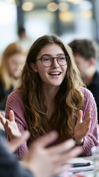 Young woman laughs warmly in a meeting