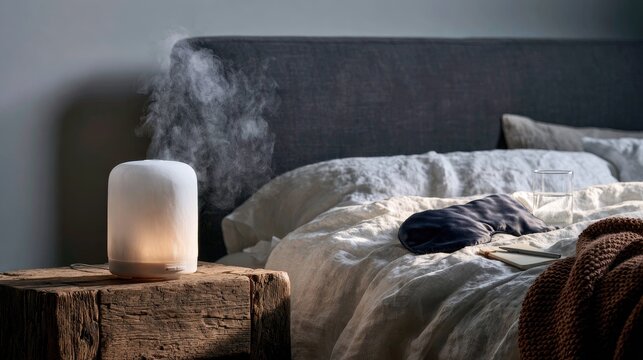Minimalist essential oil diffuser emitting mist beside a made bed