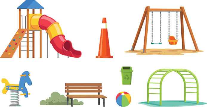 Public Park Playground Equipment Element Set with Slide Swing Monkey Bars Spring Rider Bench and Traffic Cone Vector Illustration