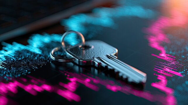 Silver key rests on glowing digital data streams, symbolizing access and information
