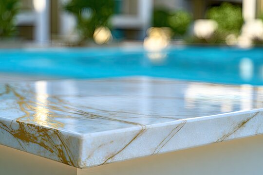 Polished marble countertop with golden veins and blurred pool background