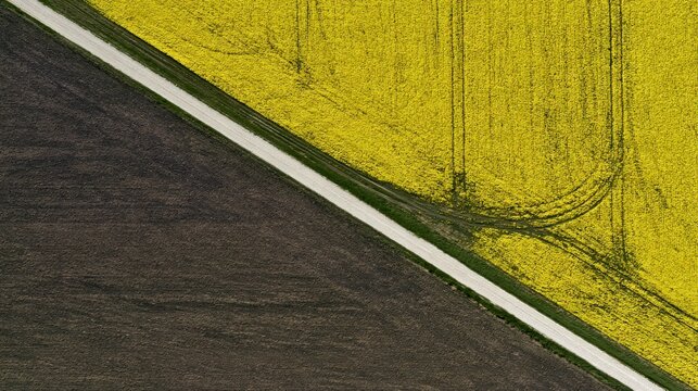 Diagonal road between agricultural fields and dark earth.