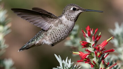 Fototapeta premium Close-up of a small hummingbird hovering near a bright red flower, capturing its delicate wings in motion.