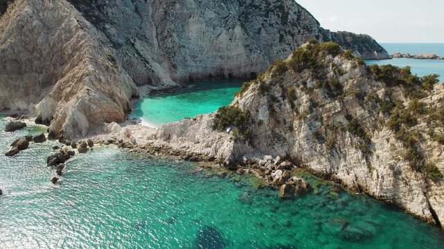 Turquoise lagoon and cliffs viewed from above at Cephalonia Island Greece