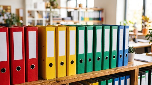 Bright row of red yellow green and blue lever arch folders on wooden shelf in open office environment conveying organized archive and colorful filing