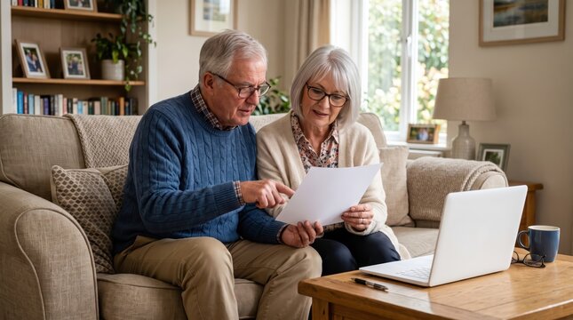 Elderly couple sitting on sofa at home reviewing paperwork together with laptop on coffee table showing planning budgeting and shared decision making