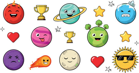 Cute Solar System Planet Cartoon Character Set with Sun Moon Saturn Earth Trophy Comet Star and Heart Vector Illustration Elements © Lal
